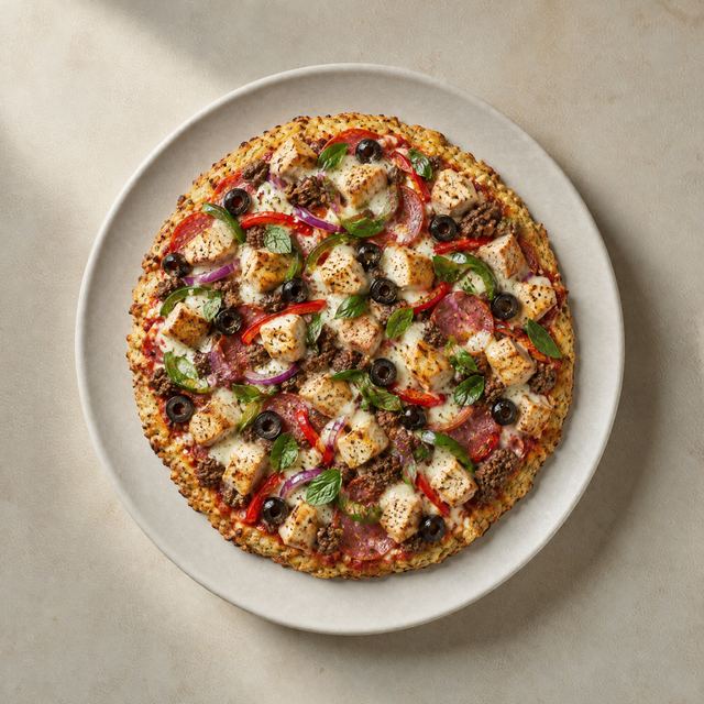 Chicken-crust protein pizza loaded with grilled chicken, beef and salami