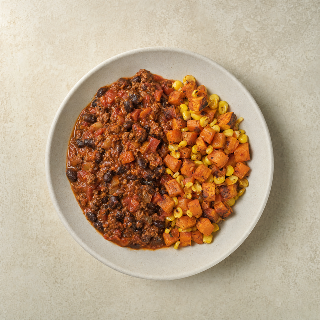 Beef and black bean chili with sweet potato and corn salsa