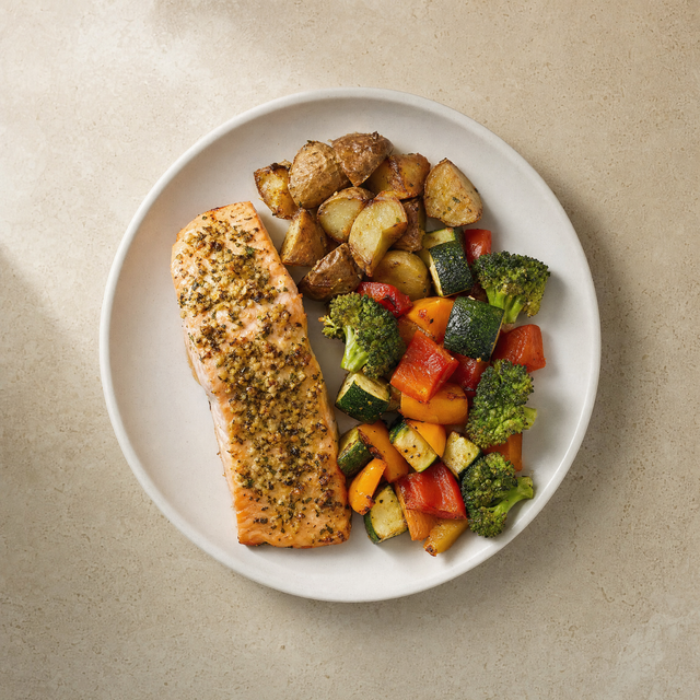 Garlic herb salmon with roasted potatoes and vegetables