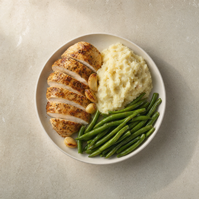 Roasted garlic chicken with mashed potatoes and green beans