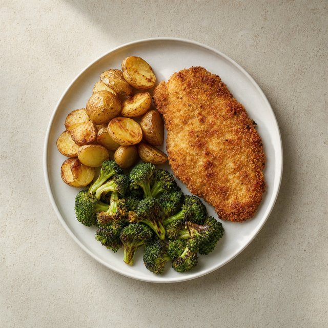 Chicken schnitzel with roasted baby potatoes and grilled broccoli