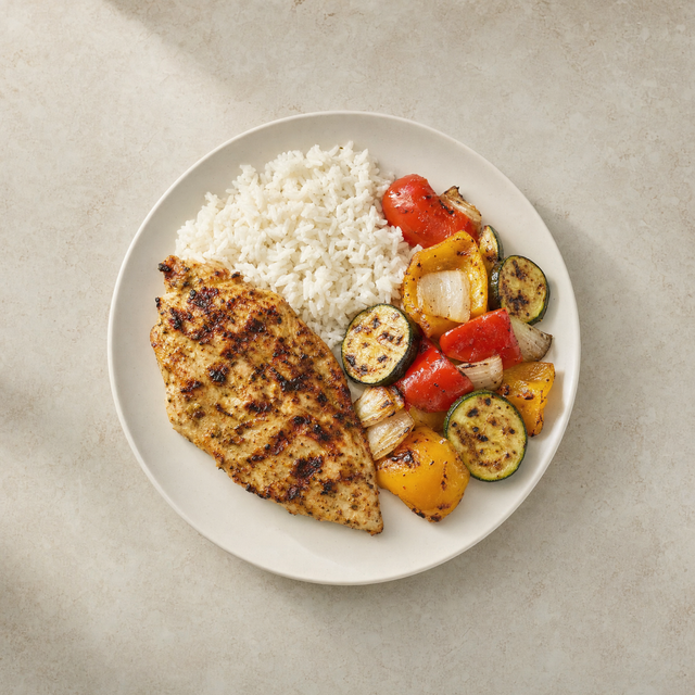 Yogurt-marinated chicken fillet with rice and grilled vegetables