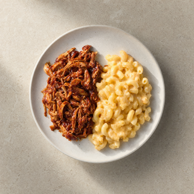 Pulled BBQ chicken with mac and cheese